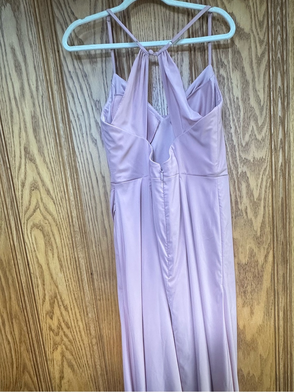AZAZIE Dusty Rose Ruched Spaghetti Strap Evening Gown with Thigh Slit sz 14 - Picture 6 of 16